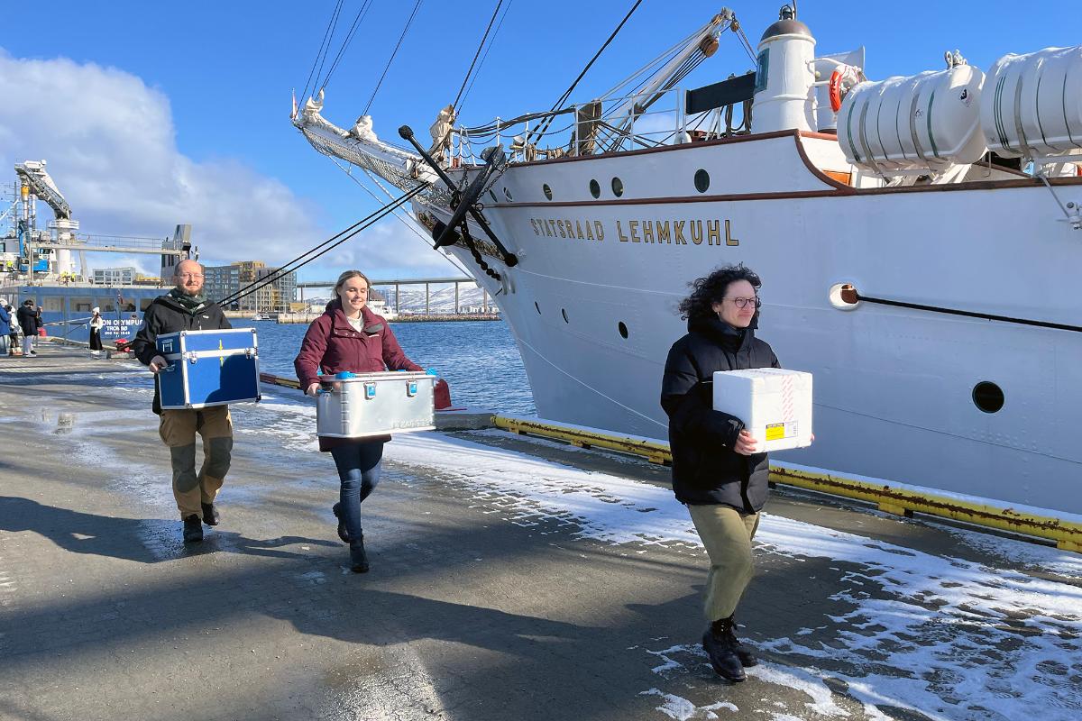 Persons carrying boxes beside a sailing ship