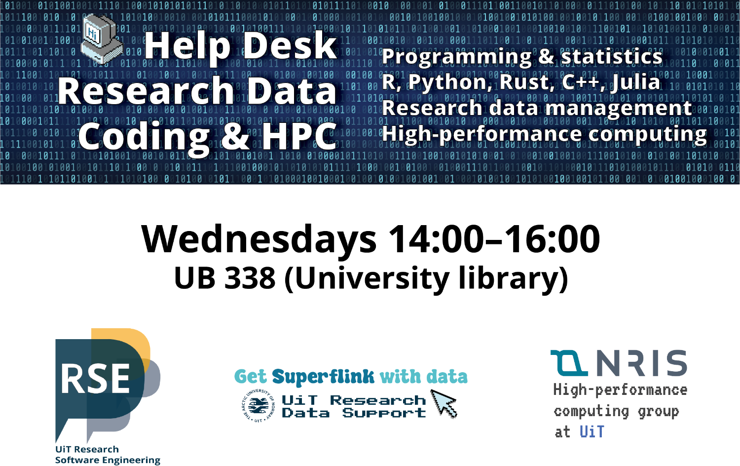 Illustrasjons-/bannerbilde for 📣 Help Desk: Research Data, Coding & HPC 📣