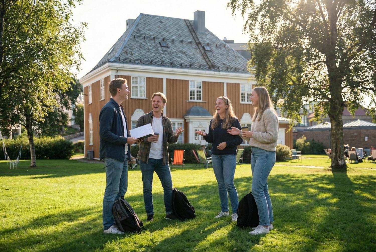 Fire studenter st&aring;r i en gruppe p&aring; en gressplen og ler og samtaler i solskinnet. 