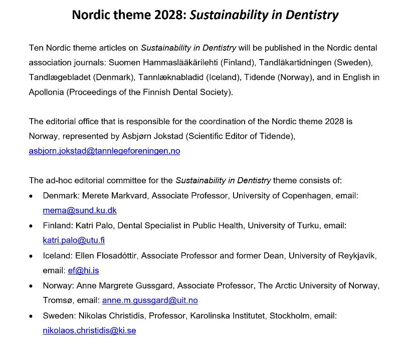 Nordic Dental Journals Theme 2028: Sustainability in Dentistry