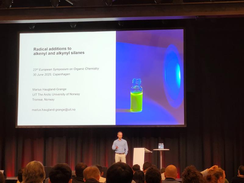 Marius holding a lecture from the conference podium, in front of a large screen showing his presentation